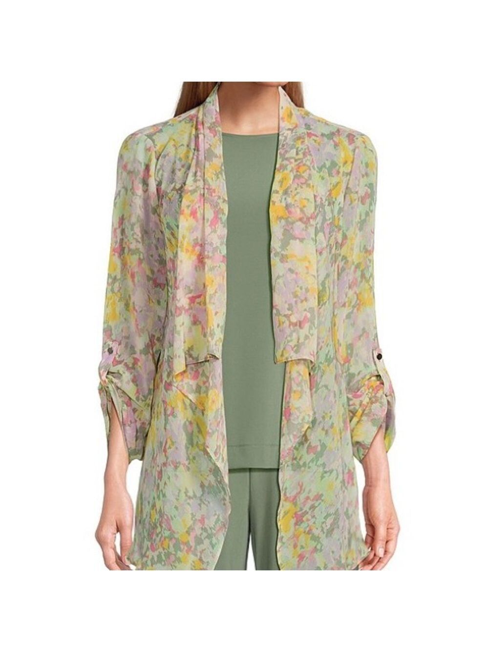 🎩🗝️ NWT $59 Investments Blurred Floral Print Open Drape Front Roll-Tab Sleev…
